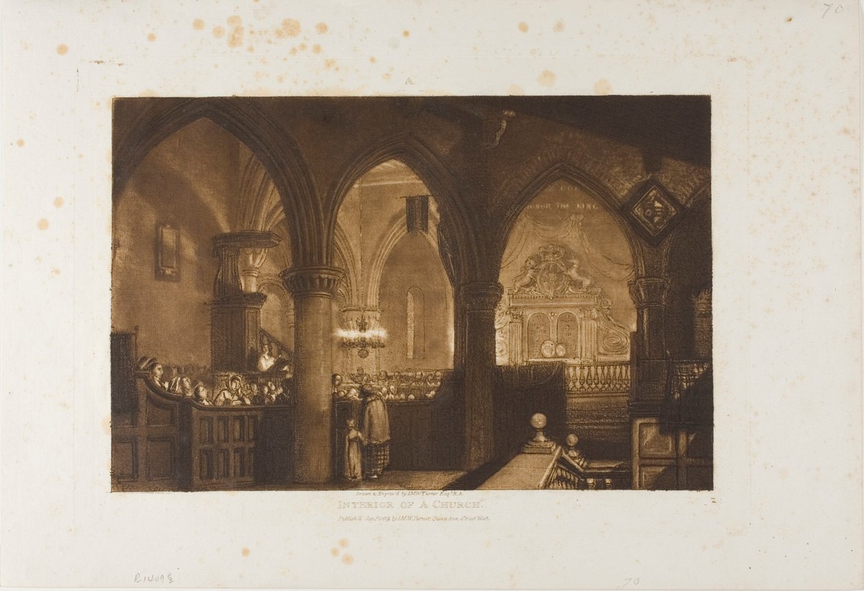 Interiör av en kyrka, skylt 70 från Liber Studiorum av Joseph Mallord William Turner