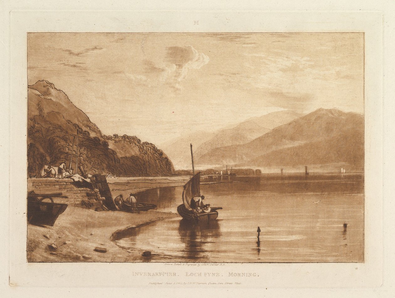 Inverary Pier, Loch Fyne, Morning Liber Studiorum, del VII, skylt 35, 1 juni 1811. av Joseph Mallord William Turner