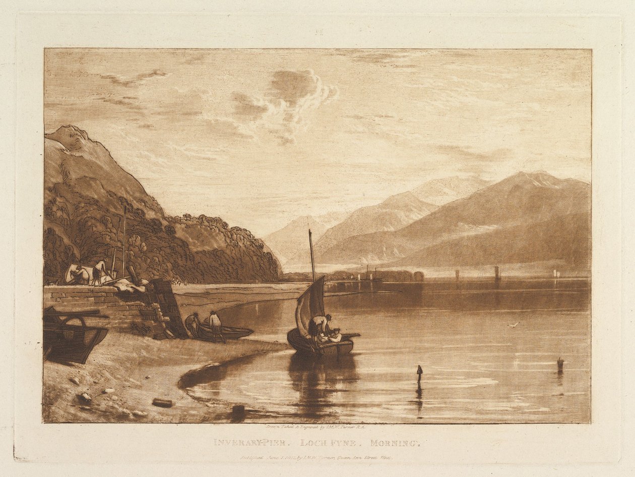 Inverary Pier, Loch Fyne, morgon, del VII, plansch 35 ur "Liber Studiorum" av Joseph Mallord William Turner