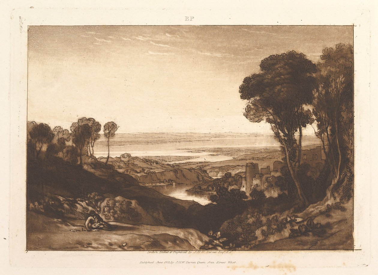 Junction of Severn och Wye Liber Studiorum, del VI, skylt 28, juni 1811. av Joseph Mallord William Turner
