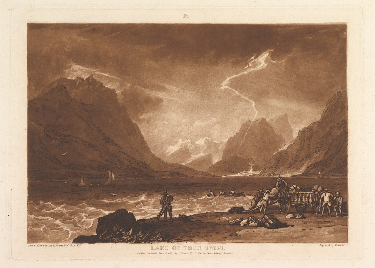 Thunsjön, schweiziska Liber Studiorum, del III, skylt 15, 10 juni 1808. av Joseph Mallord William Turner