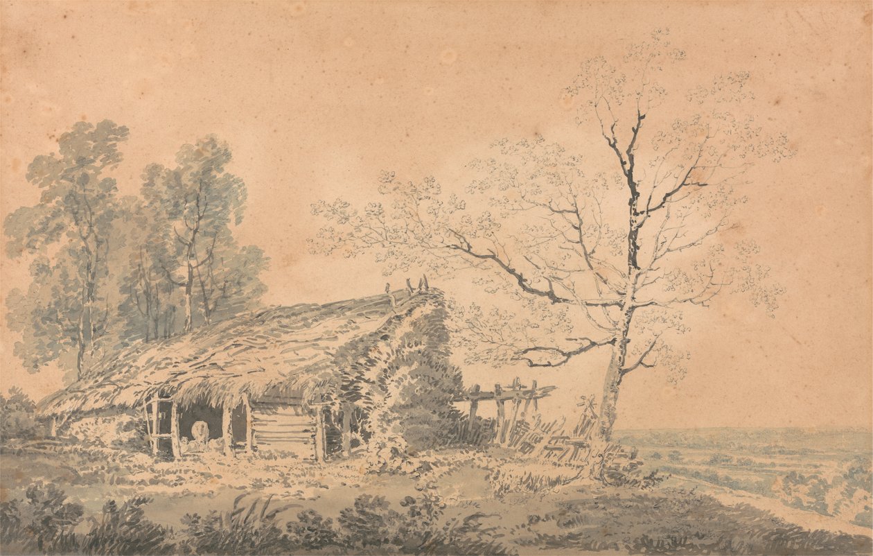 Landskap med lada, ca 1795 (grafit & tvätt på papper) av Joseph Mallord William Turner