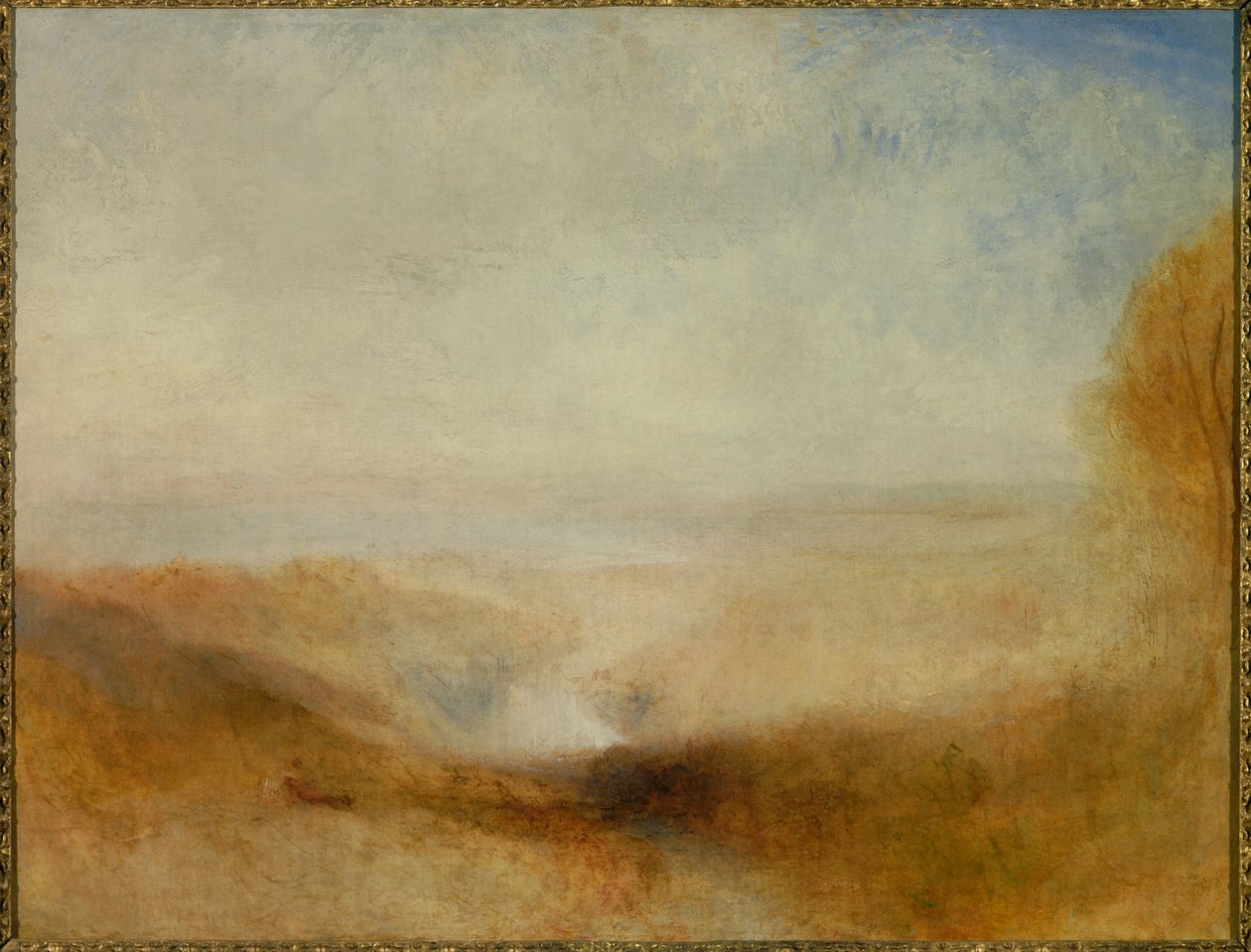 Landskap med en flod och en vik i fjärran. Även kallad "" Confluent of the Severn and the Wye"" Målning av Joseph Mallord William Turner (1775-1851) av Joseph Mallord William Turner