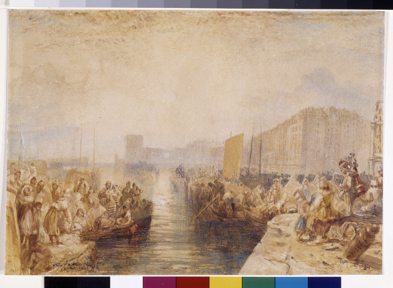 Le Havre: Sunset (akvarell förstärkt med penna och rött bläck på vitt papper) av Joseph Mallord William Turner