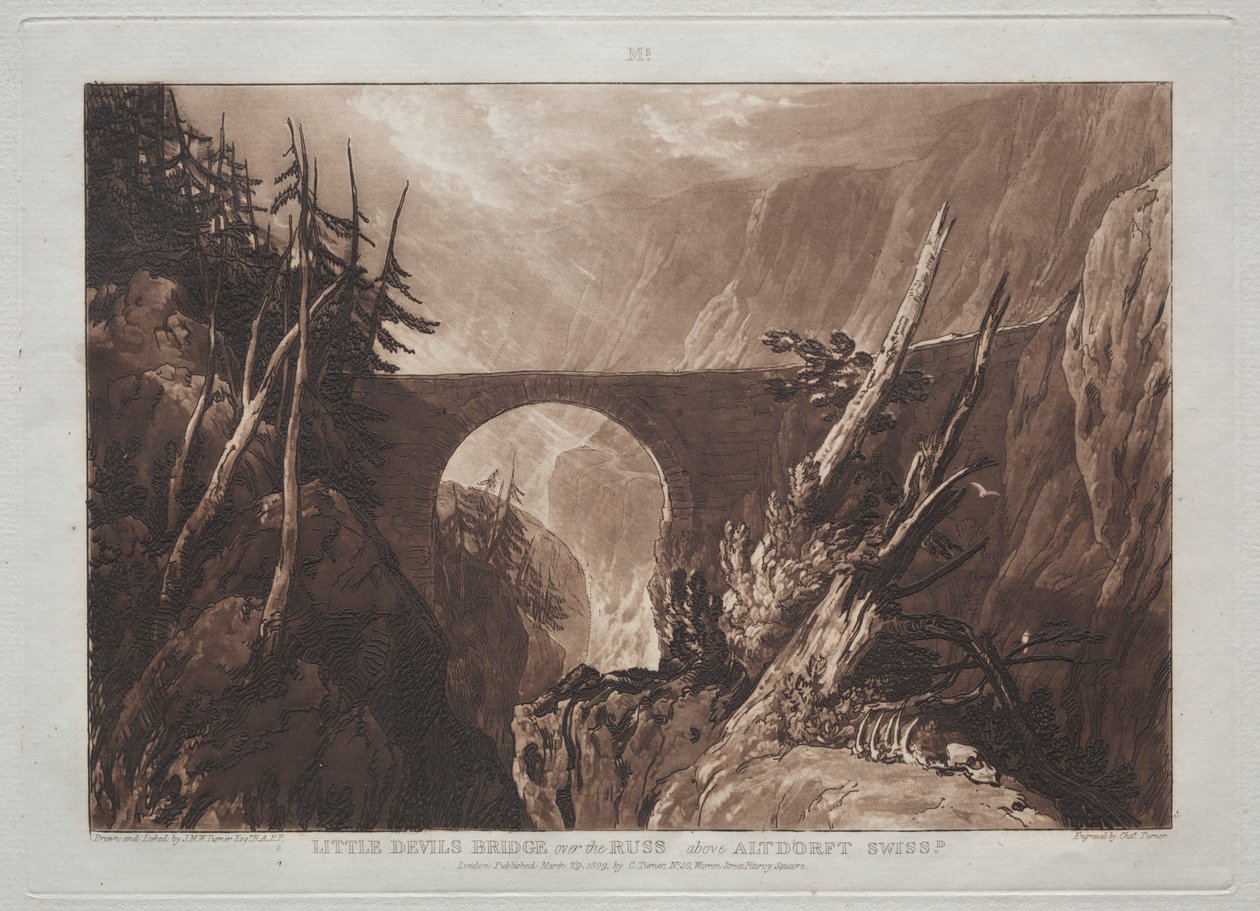 Liber Studiorum: Little Devils Bridge över Russ, ovanför Altdorft, Schweiz. av Joseph Mallord William Turner