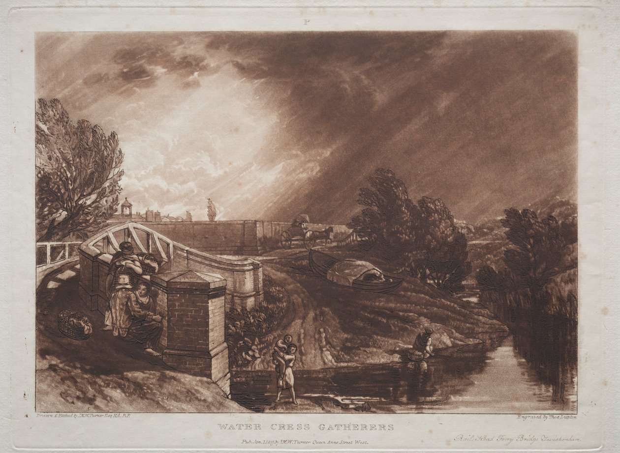 Liber Studiorum: Watercress Gatherers, Rails Head, Ferry Bridge, Twickenham. av Joseph Mallord William Turner
