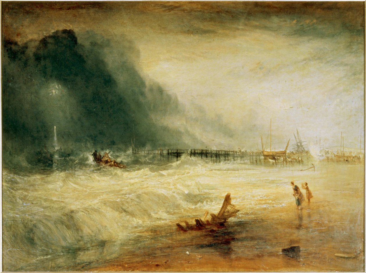 Livbåt och manskapsutrustning som går till hjälp för ett strandat fartyg som signalerar nöd ... (målning på duk) av Joseph Mallord William Turner