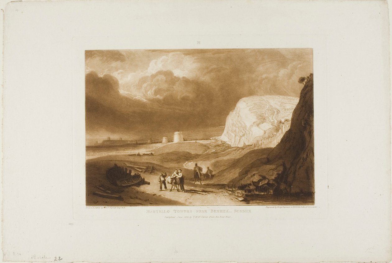 Martello Towers Near Bexhill, Sussex, skylt 34 från Liber Studiorum av Joseph Mallord William Turner