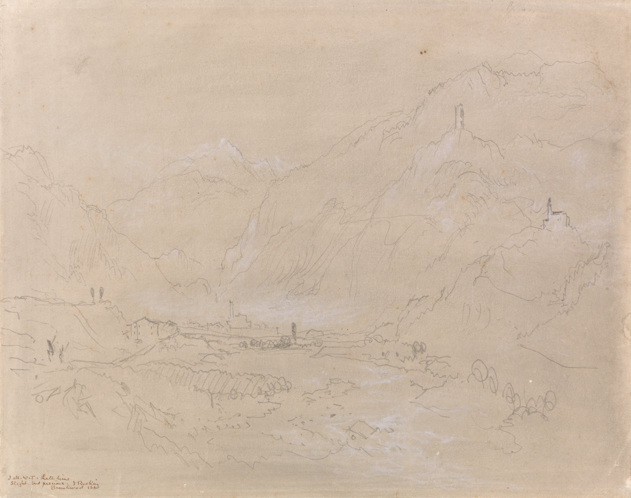 Bergigt landskap med stad i dalen, ca 1840 (grafit & grått på papper) av Joseph Mallord William Turner