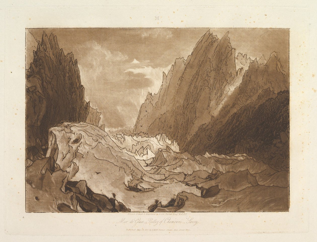 Mêr de Glace, Valley of Chamouni-Savoy Liber Studiorum, del X, skylt 50, 23 maj 1812. av Joseph Mallord William Turner