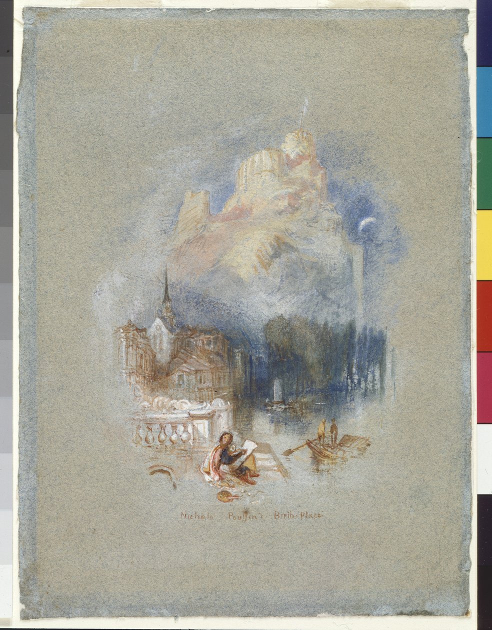 Nicholas Poussins födelseplats (akvarell och gouache förstärkta med rött bläck på blått papper) av Joseph Mallord William Turner