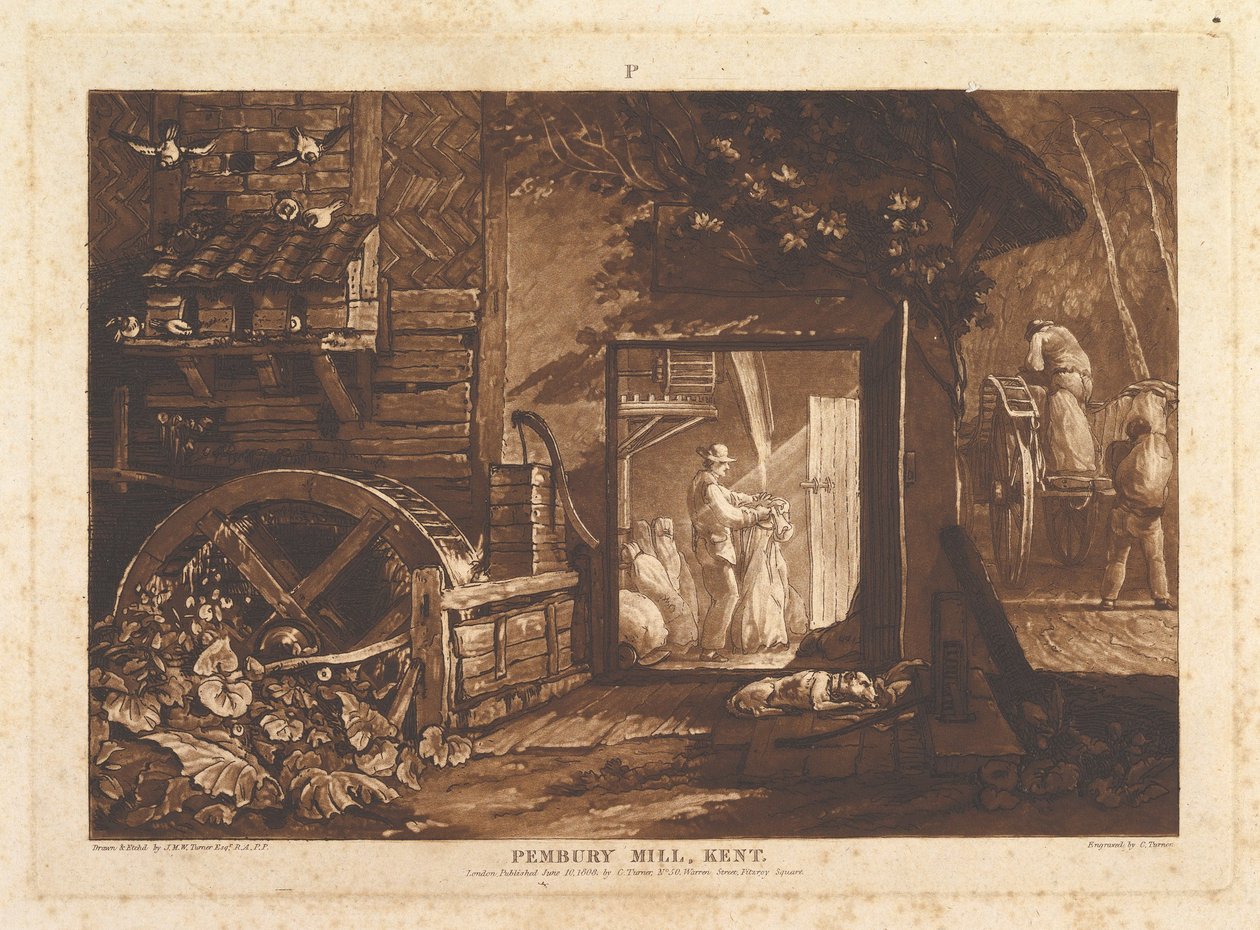 Pembury Mill, Kent Liber Studiorum, del III, skylt 12, 10 juni 1808. av Joseph Mallord William Turner