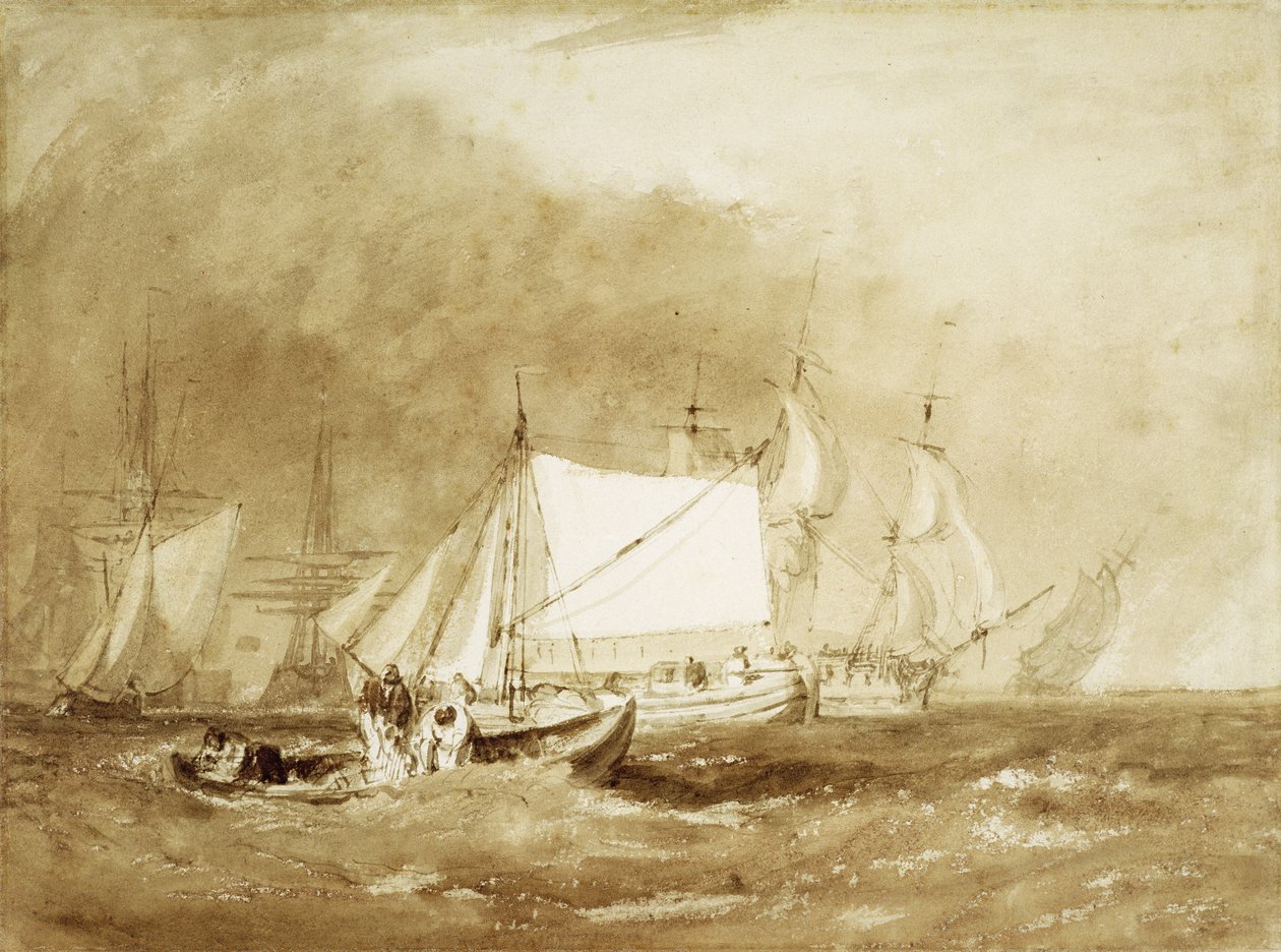 Fraktscen, med fiskare, ca 1815-20 (pensel och brunt bläck på papper) av Joseph Mallord William Turner