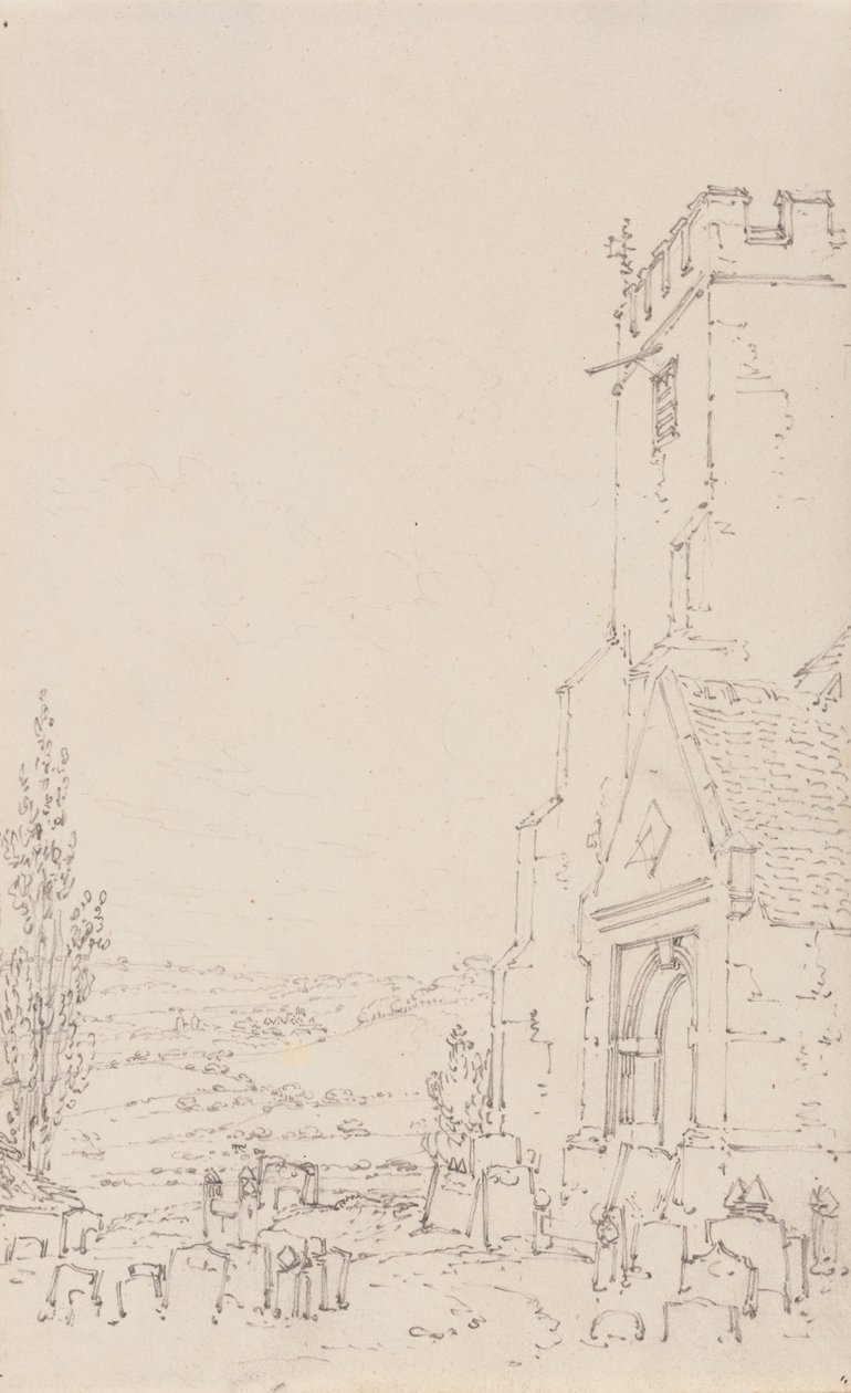 Södra portiken och tornet i en oidentifierad kyrka, ca 1790-95 (blyertspenna på papper) av Joseph Mallord William Turner