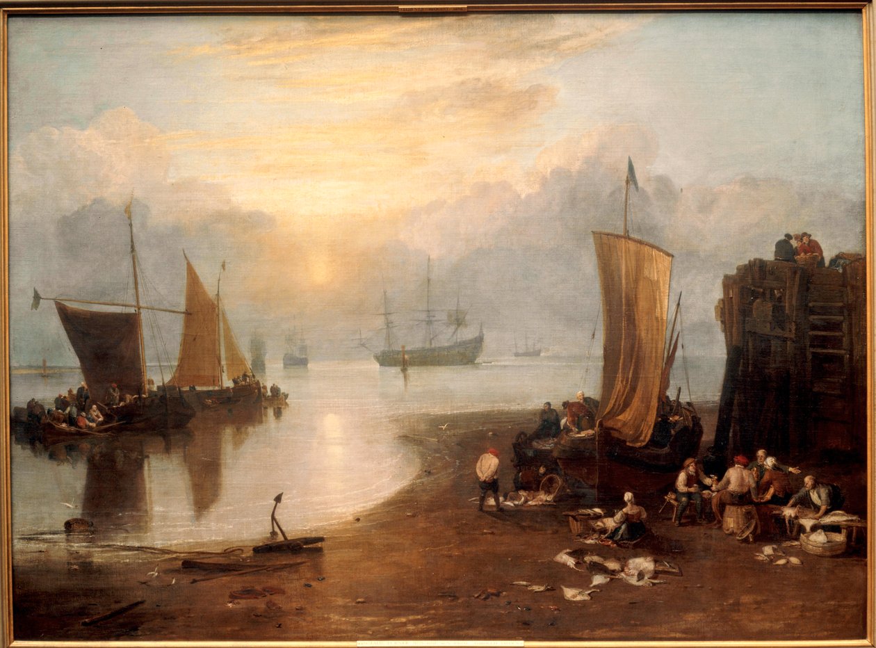 Solen stiger upp genom ånga: Fiskare som rensar och säljer fisk ... (målning på duk) av Joseph Mallord William Turner