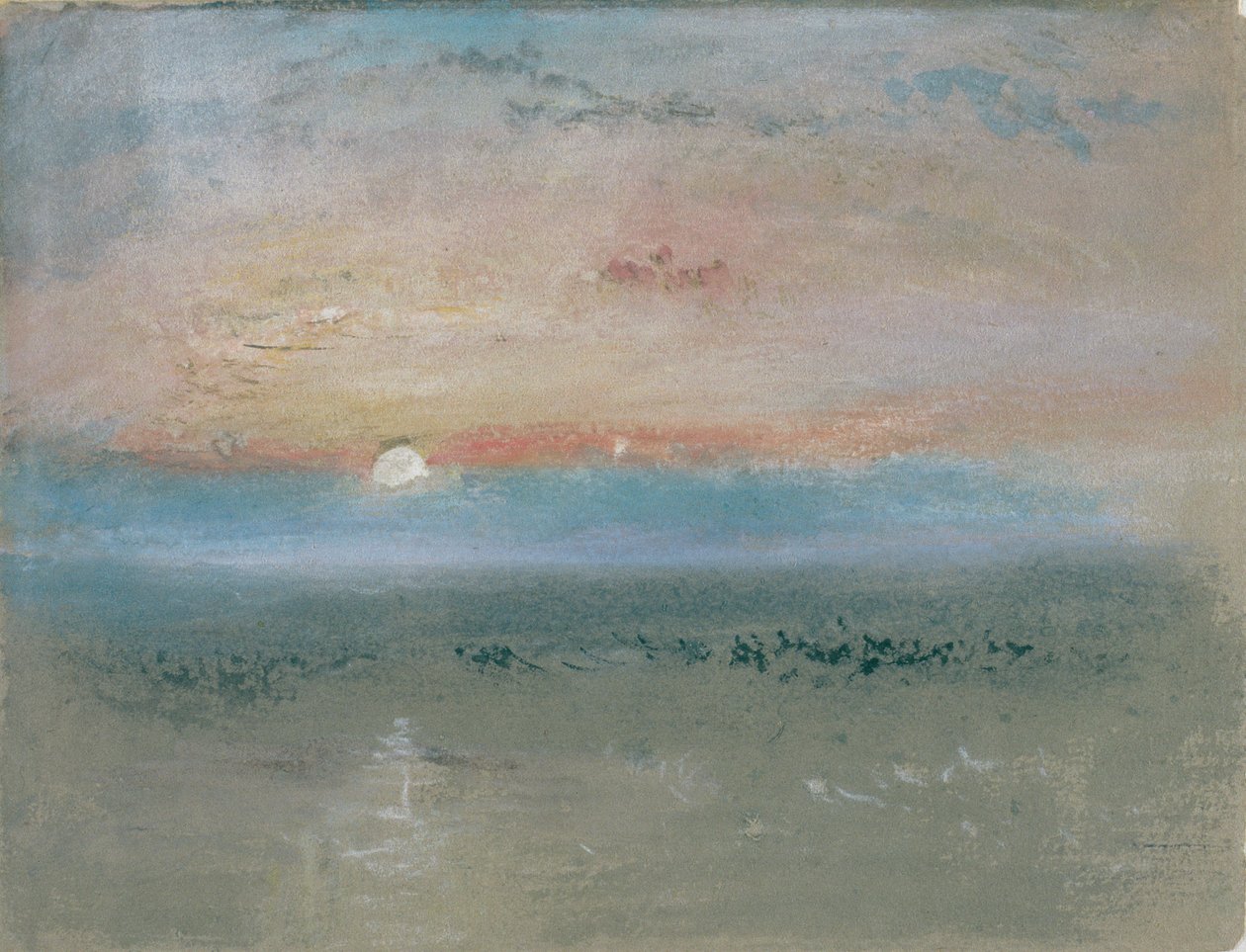 Solnedgång, ca 1830 (wc och gouache på grått papper) av Joseph Mallord William Turner