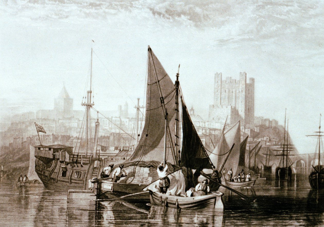 Pråm från Themsen med hö, en fängelsekista och annat gods vid Rochester på floden Medway av Joseph Mallord William Turner