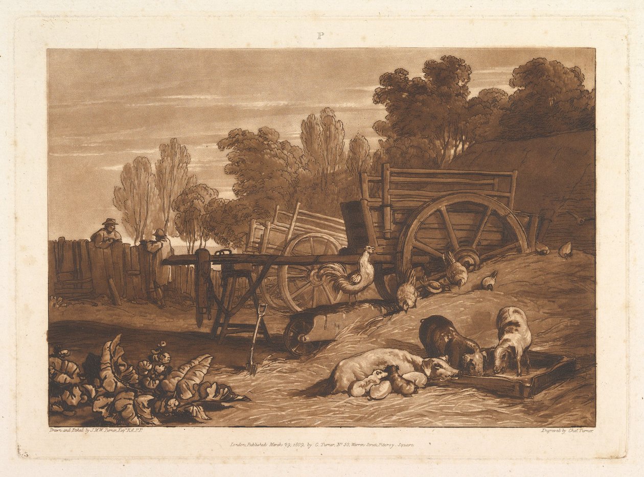 Gårdsgården med hanen Liber Studiorum, del IV, skylt 17, 29 mars 1809. av Joseph Mallord William Turner