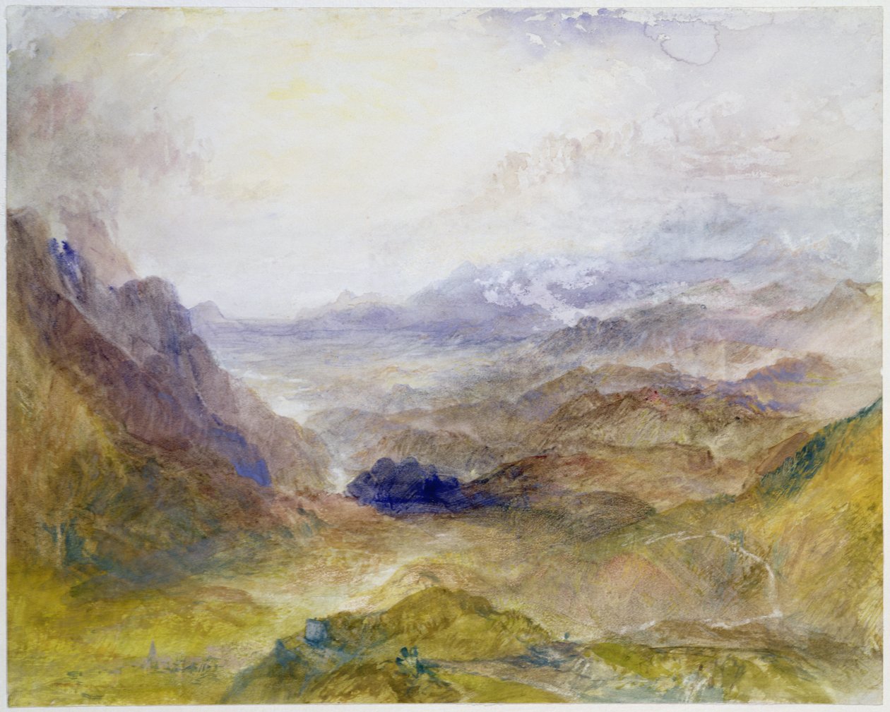 Utsikt längs en alpdal, möjligen Val d"Aosta av Joseph Mallord William Turner