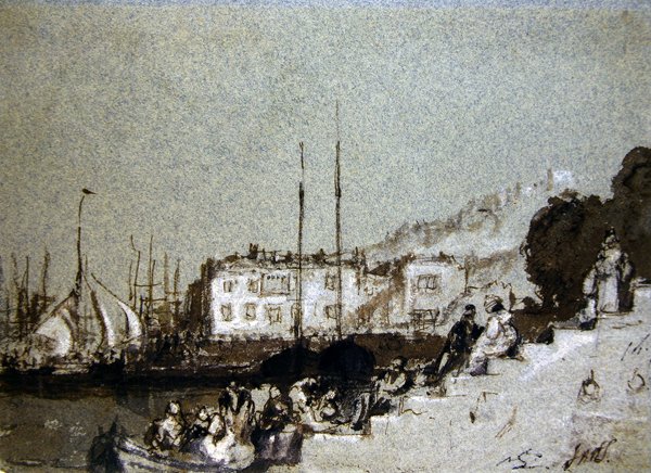 Vy över East Cowes, Isle of Wight (penna, bläck och färg på blått papper) av Joseph Mallord William Turner