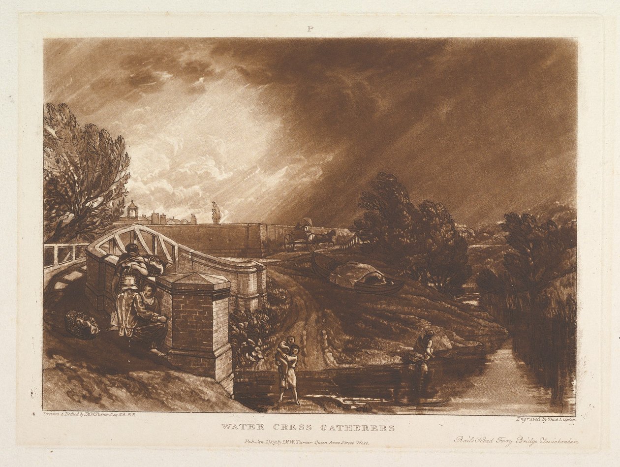 Water Cress Gatherers, Rails Head Ferry Bridge, Twickenham Liber Studiorum, pa..., 1 januari 1819. av Joseph Mallord William Turner