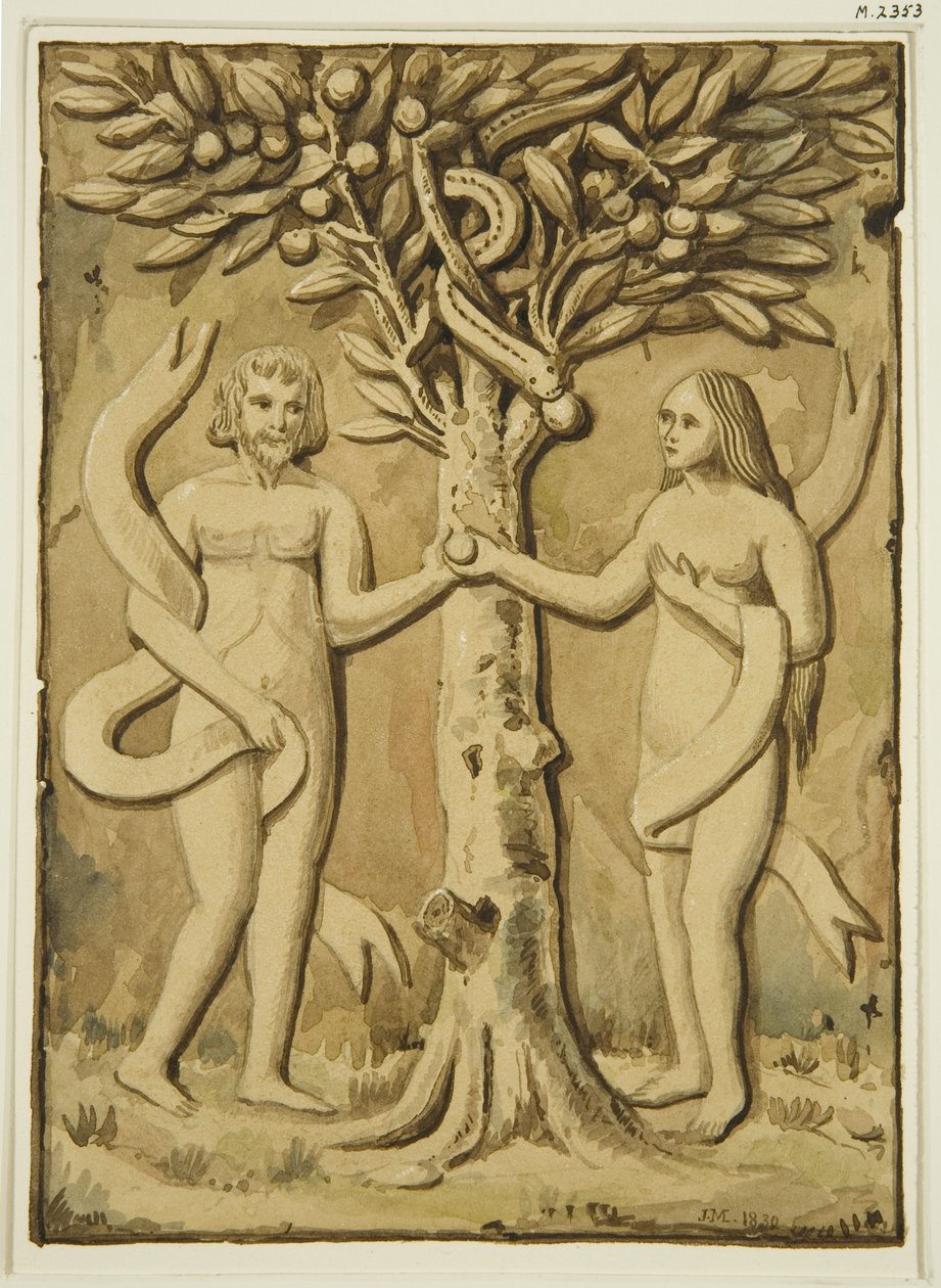 Adam och Eva snida i trä (akvarell på papper) av Joseph Manning