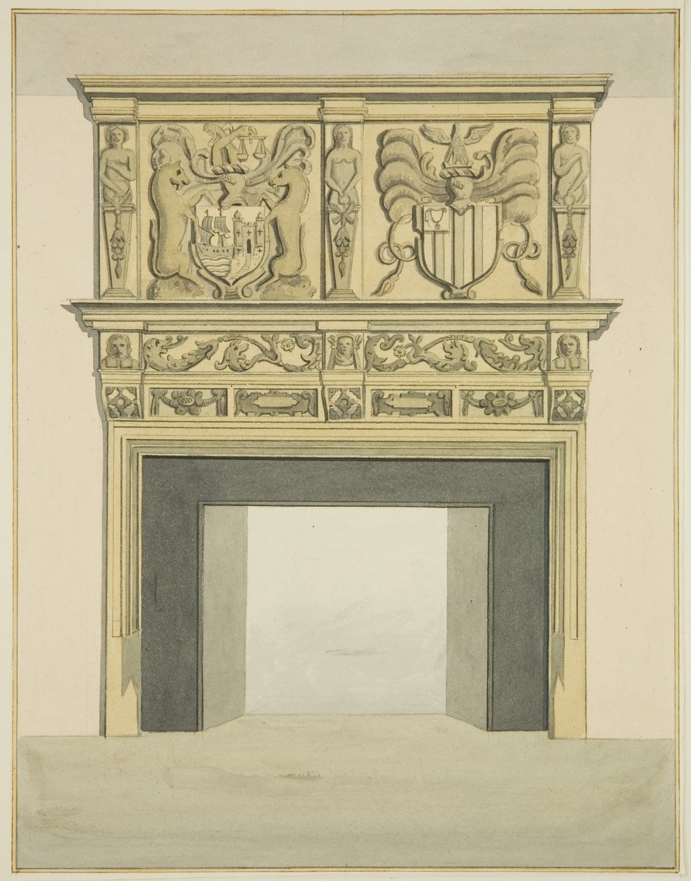 Skorstensstycke i tidigare bostad av Sir John Knight, Temple Street (akvarell på papper) av Joseph Manning