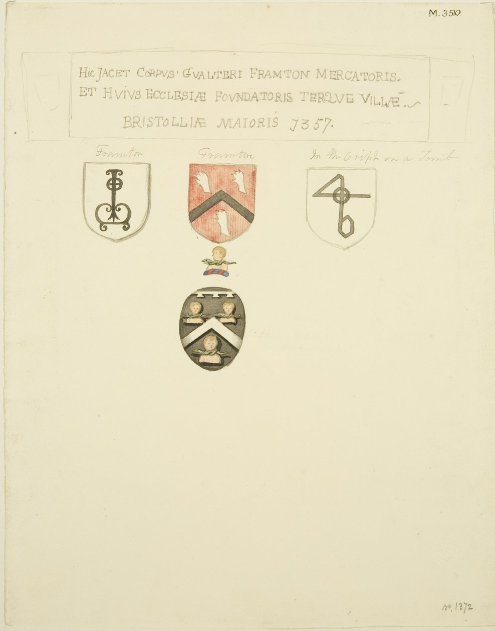 Vapensköldar på Framptons grav [Frampton] 1357 (penna och akvarell på papper) av Joseph Manning