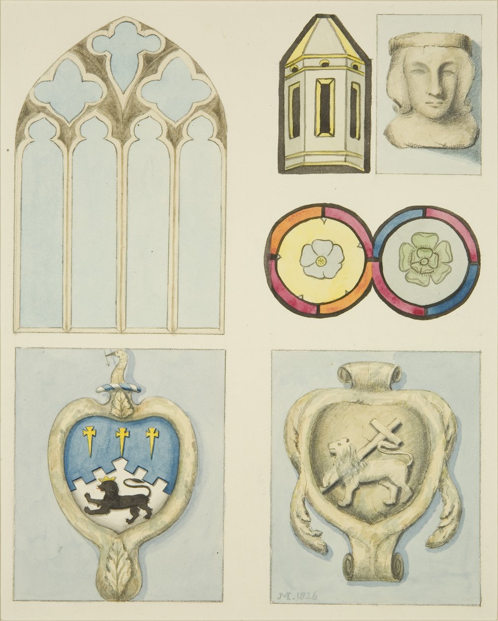 Detaljer om interiören av Temple Church (akvarell på papper) av Joseph Manning