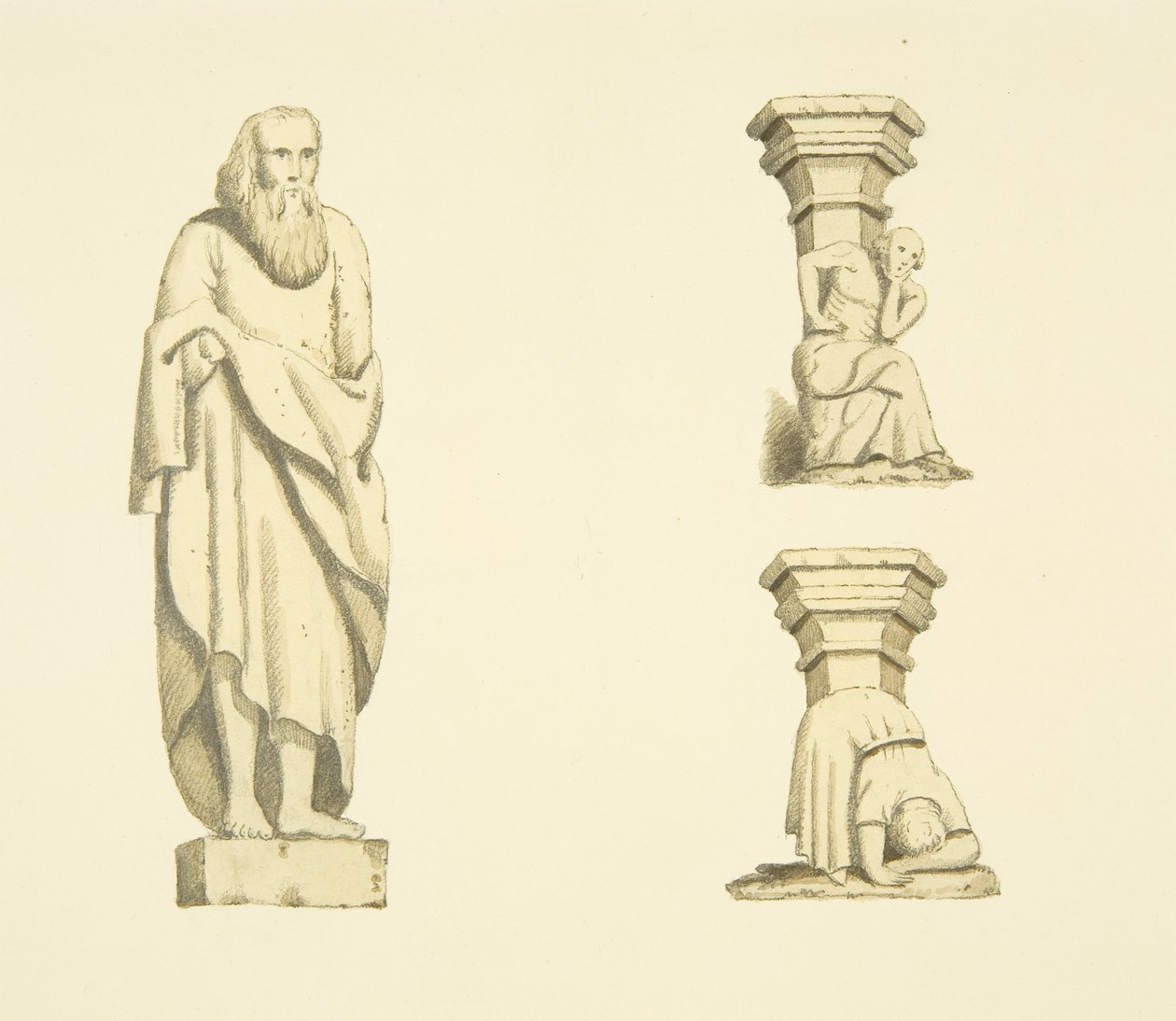 Figur och två takstolar i nischer av Tower of St Mary Redcliffe (akvarell på papper) av Joseph Manning