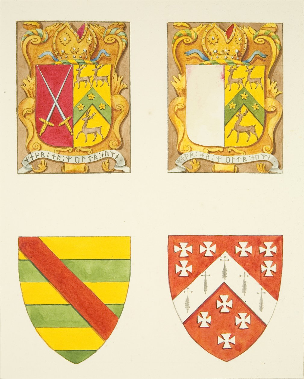 Fyra vapensköldar - två i ett fönster nära klockstapeln, Bristol Cathedral (akvarell på papper) av Joseph Manning