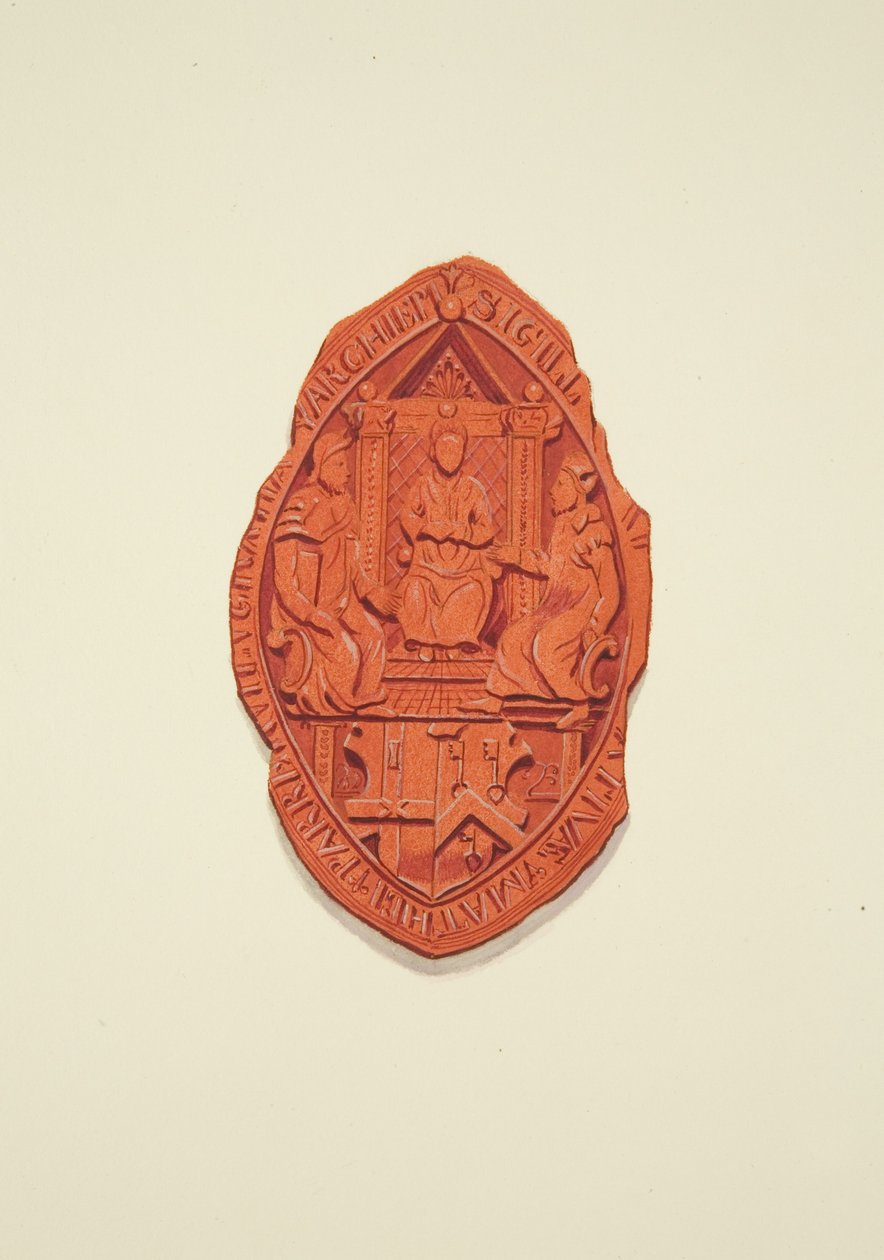 Framsidan av Matthew Parkers sigill, ärkebiskop av Canterbury, till Will of Thomas Alyce, Merchant av Joseph Manning
