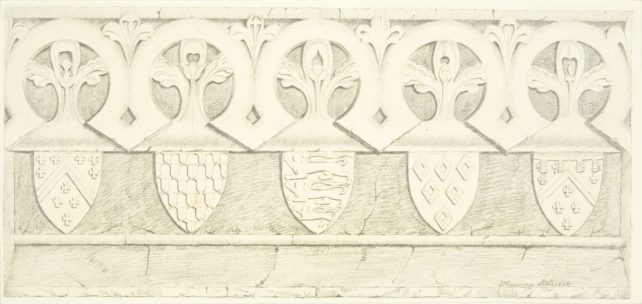 Gotisk fris och vapensköldar i salongen i Bristol Cathedral (penna och akvarell på papper) av Joseph Manning