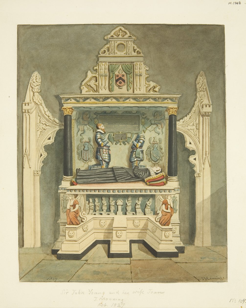 Monument till Sir John Young och hans fru Joan (född Wadham) i Bristol Cathedral (penna och akvarell på papper) av Joseph Manning
