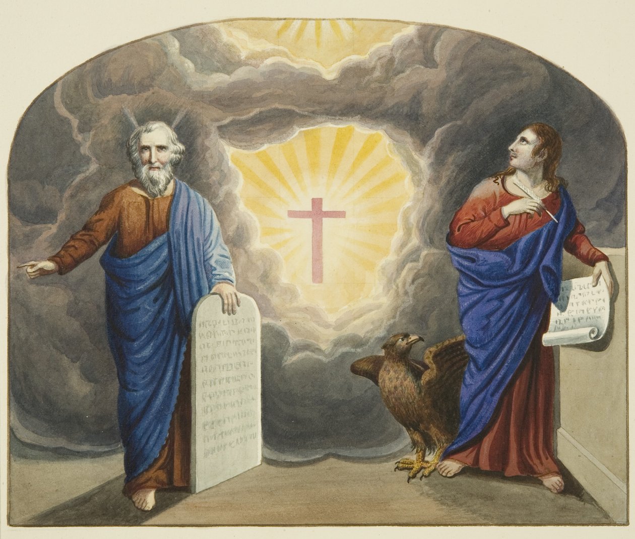 Målat fönster över Christ Church altare, som visar Moses och Johannes evangelisten (akvarell på papper) av Joseph Manning