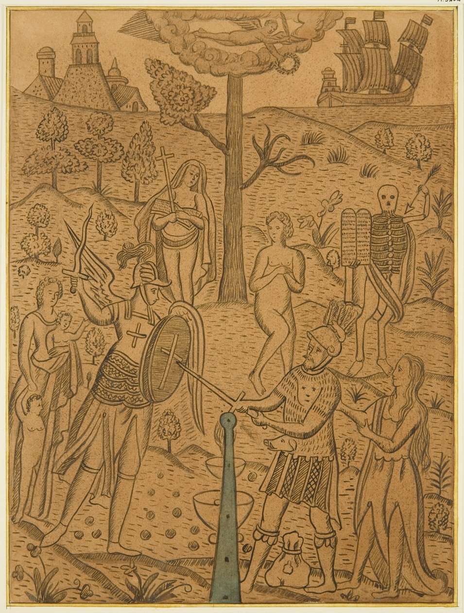 Panel från en gammal ekkista i föräldralöshetsanstalten, Hooks Mills, som visar en stridsscen möjligen en allegori för dygd av Joseph Manning