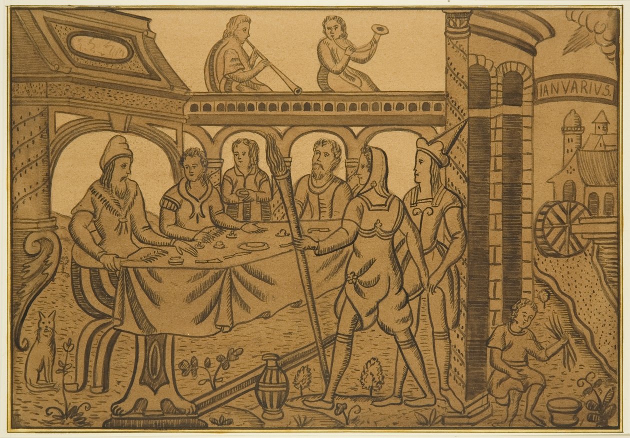 Panel från en gammal ekkista i föräldrahemsanstalten, Hooks Mills, som visar en festscen i januari av Joseph Manning