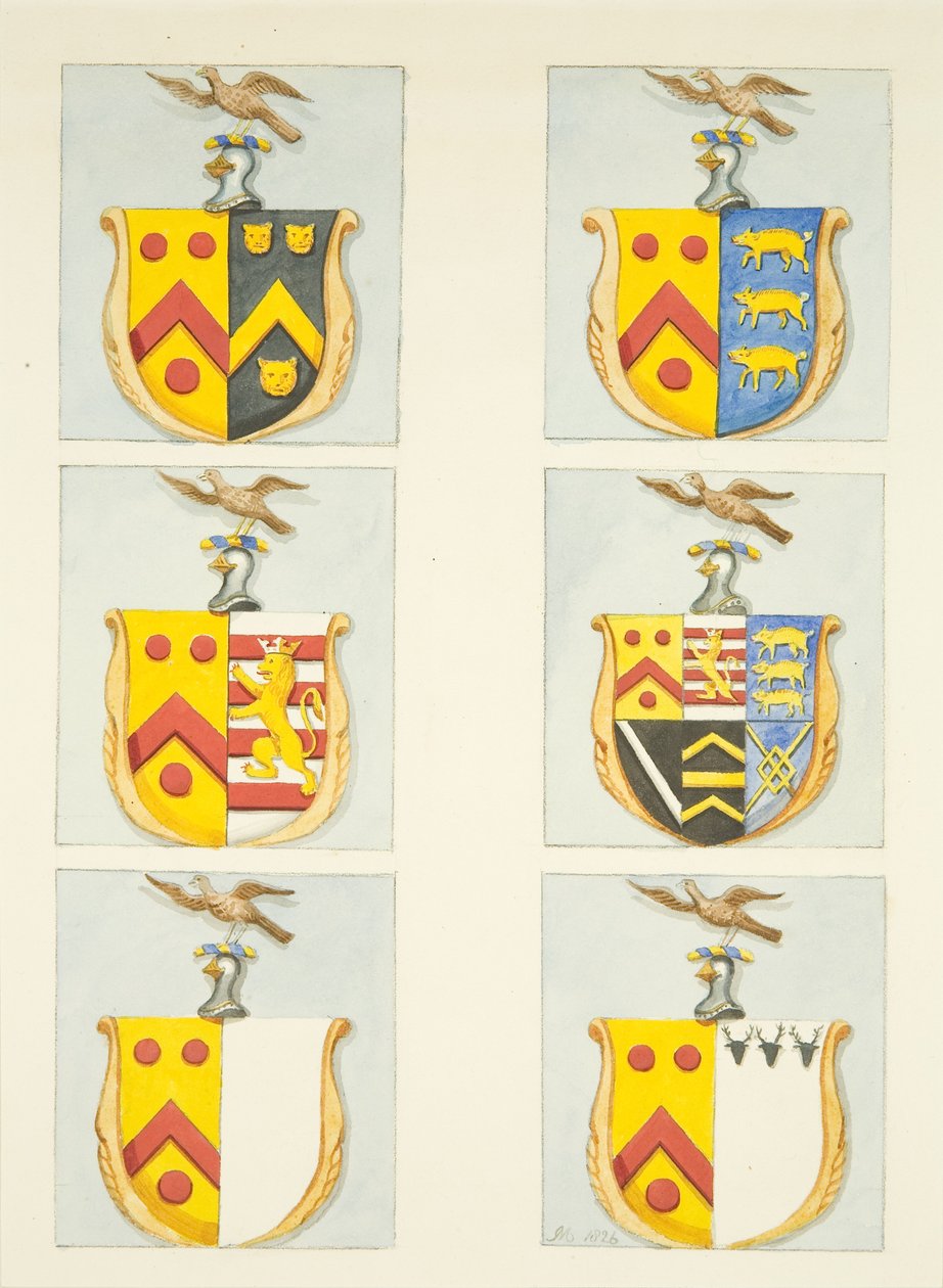Sex vapensköldar i målat glasfönster i norra och södra gångarna (östra änden) av Bristol Cathedral (akvarell på papper) av Joseph Manning