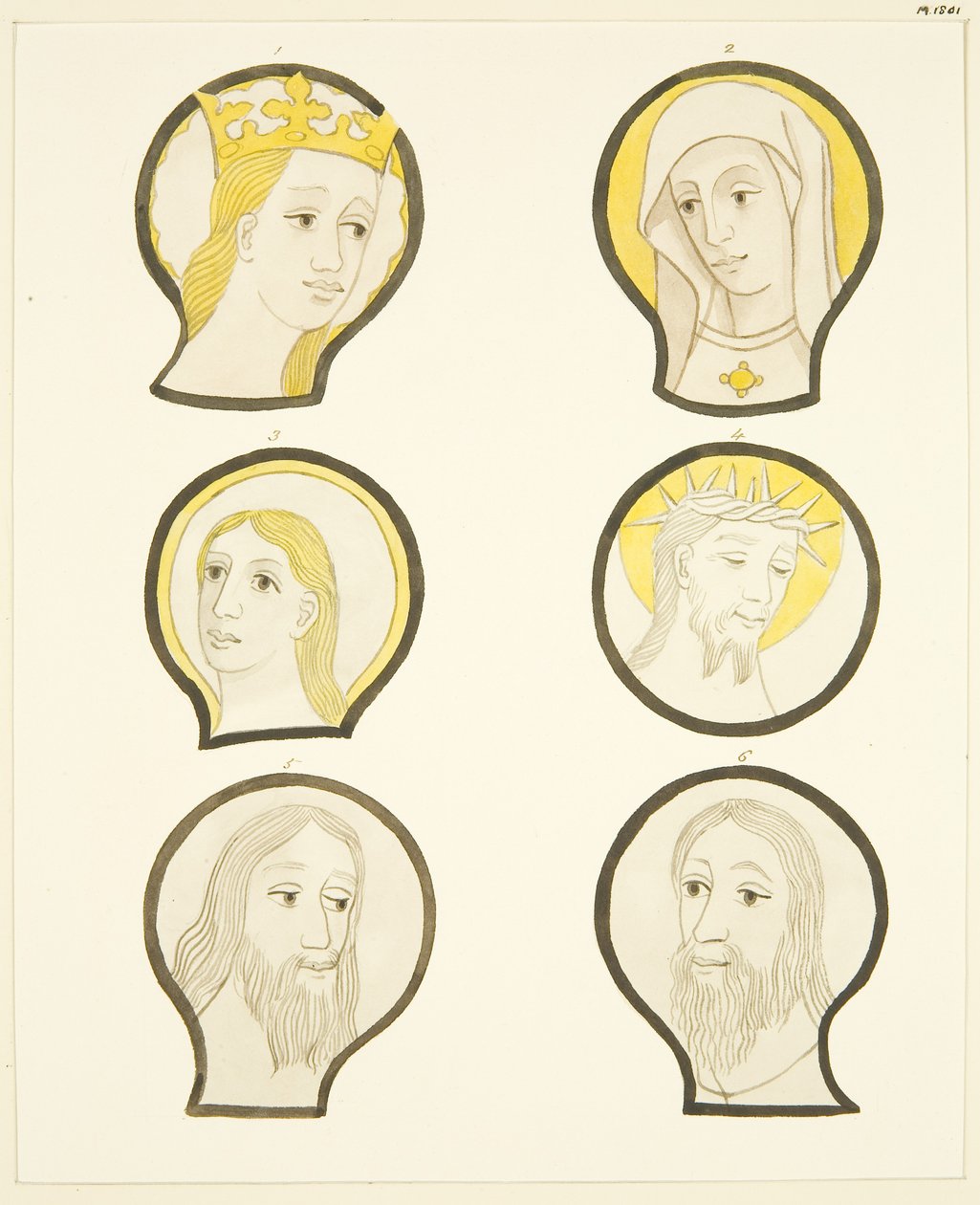 Sex huvuden i målade fönster söder om koret i Bristol Cathedral (akvarell på papper) av Joseph Manning