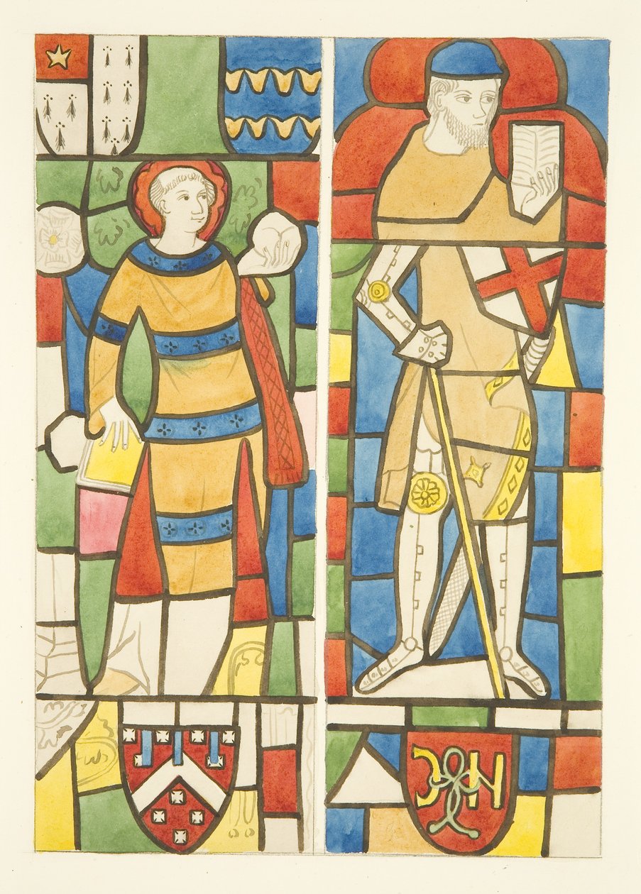 Målat glas i norra och södra fönster i Bristol Cathedrals kör (akvarell på papper) av Joseph Manning