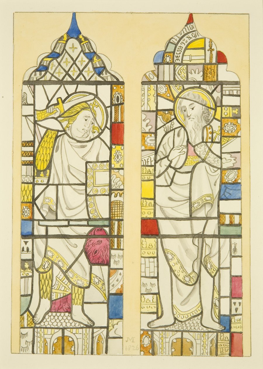 Målat glas i norra fönstret, norra korsarm av St Mary Redcliffe (akvarell på papper) av Joseph Manning