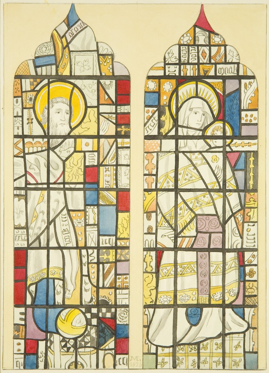 Målat glas i södra fönstrets södra tvärskepp av St Mary Redcliffe (akvarell på papper) av Joseph Manning