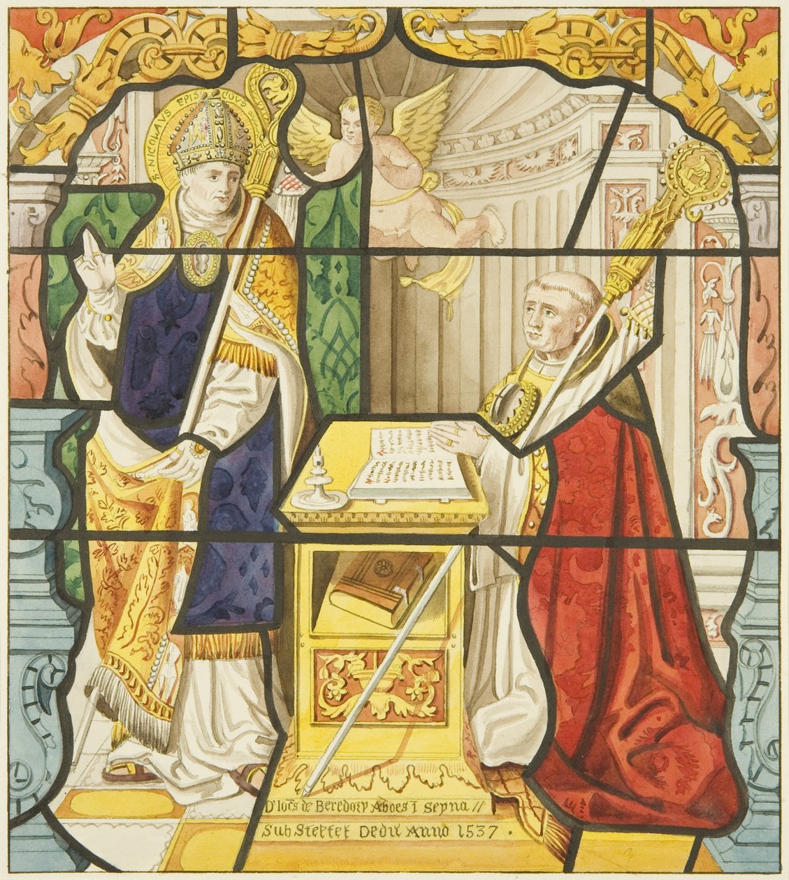 Målat glas i sakristifönstret i St Mark