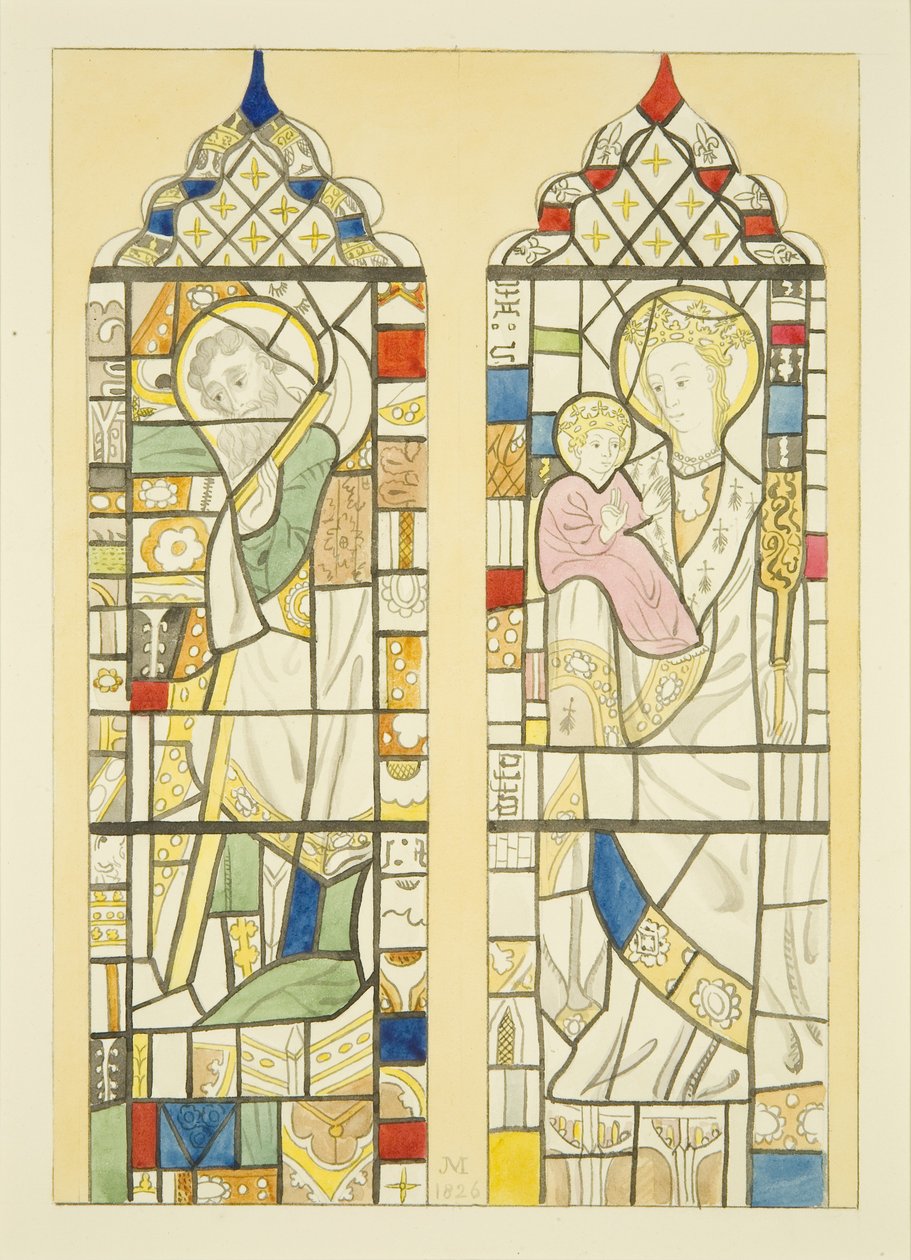 Målat glas i fönstret över typsnitt av St Mary Redcliffe (akvarell på papper) av Joseph Manning