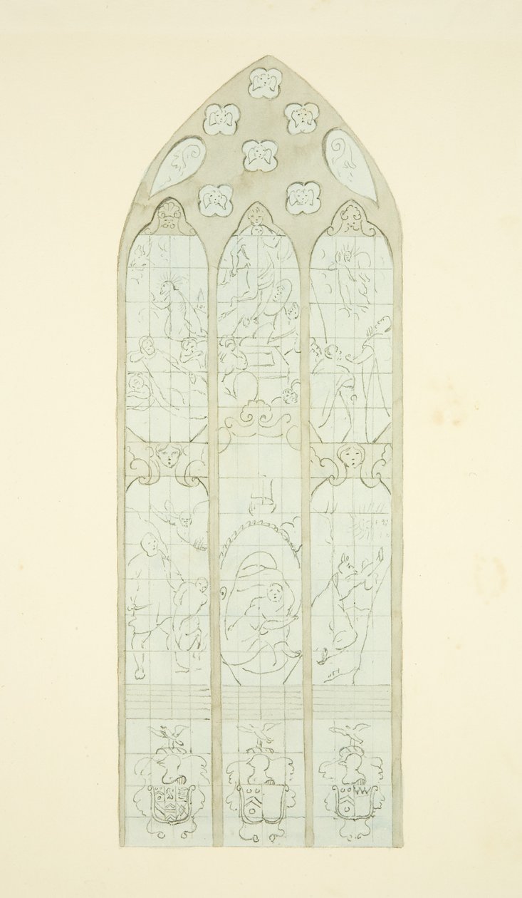 Målat glasfönster i östra änden av norra gången i Bristol Cathedral (penna och akvarell på papper) av Joseph Manning