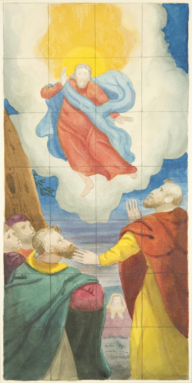 Målat glasfönster i östra änden av norra gången i Bristol Cathedral som visar Ascension (akvarell på papper) av Joseph Manning
