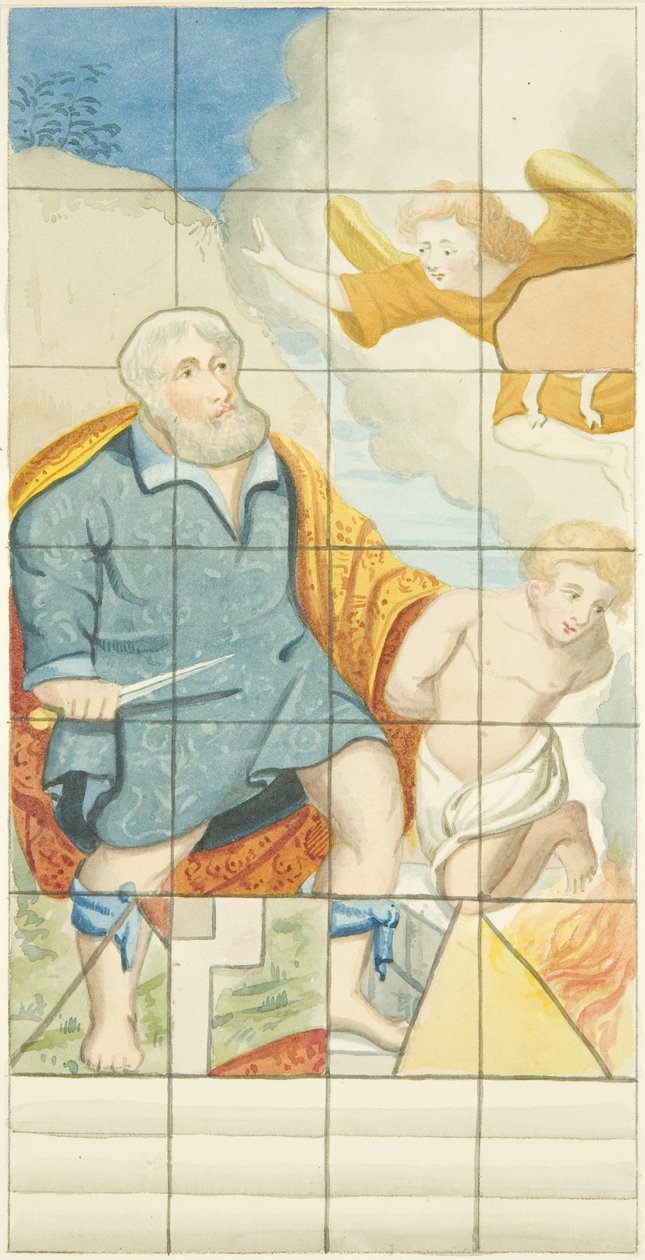 Målat glasfönster i östra änden av norra gången i Bristol Cathedral som visar Abraham och Isaac (akvarell på papper) av Joseph Manning