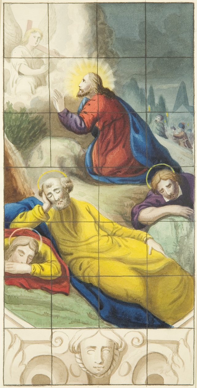 Målat glasfönster i östra änden av norra gången i Bristol Cathedral som visar Kristus i trädgården i en ångest (akvarell på papper) av Joseph Manning