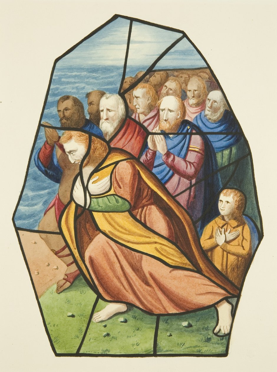 Fönster i målat glas, troligen visar lärjungarna vid Genesarets sjö, St Mikaels (akvarell på papper) av Joseph Manning