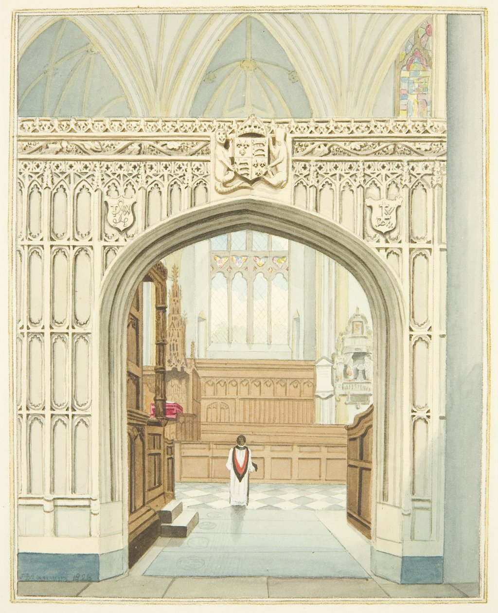 Kören från södra gången i Bristol Cathedral (akvarell på papper) av Joseph Manning